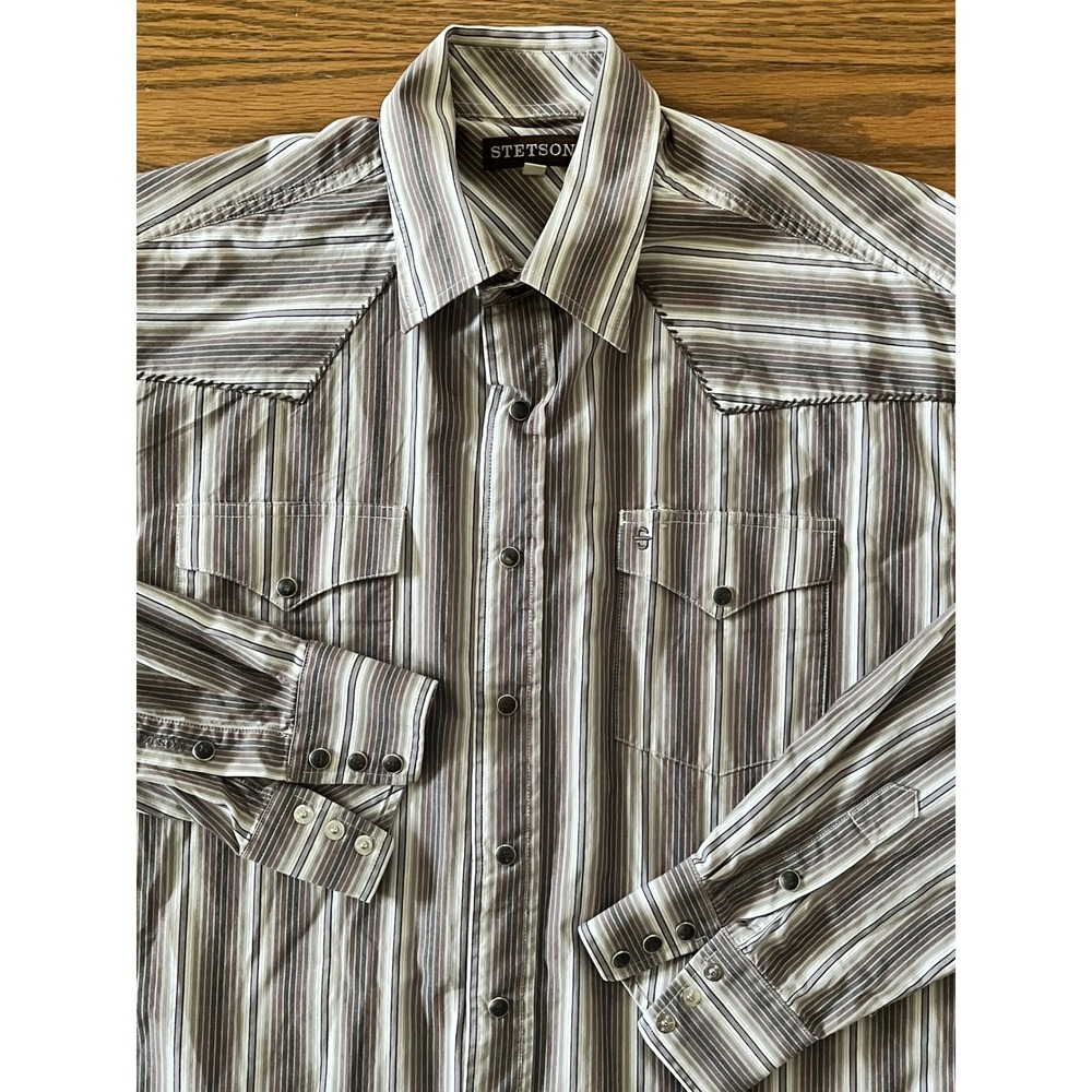Stetson Brown Striped Western Pearl Snap Shirt Long Sleeve Yoke Men's Large